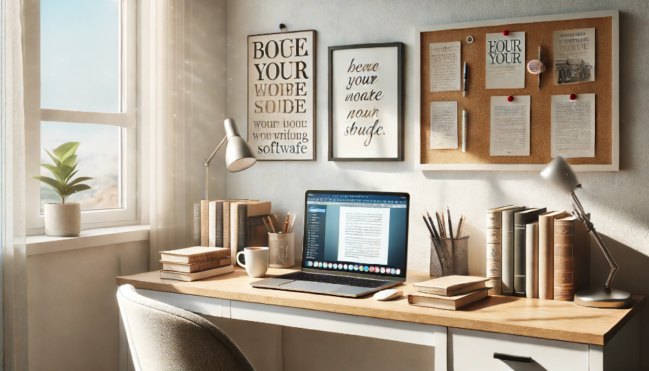 Light-themed author's workspace with laptop, books, notebook, and inspirational quotes on the wall, well-lit by natural sunlight.